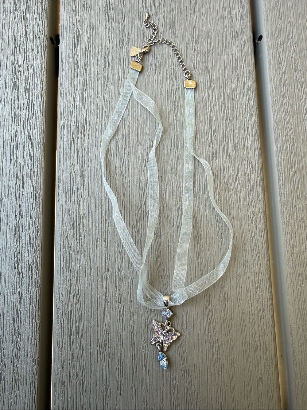 Cookie Lee Butterfly Crystal Organza Ribbon Pendant Necklace